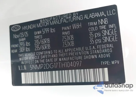 2026 Hyundai Santa Fe Hybrid Sel z USA, uszkodzony, nr VIN 5NMP2DG17TH104097